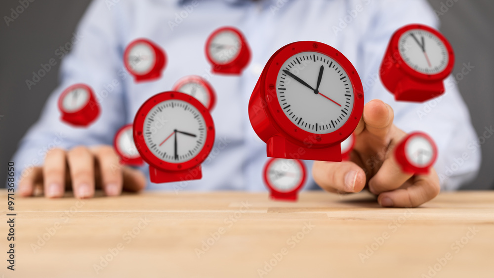 Poster Concept of Time Management with Floating Red Clocks