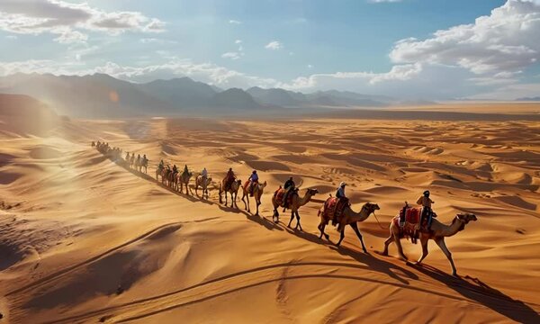 Camel caravan crossing a vast desert, hyperrealistic Video