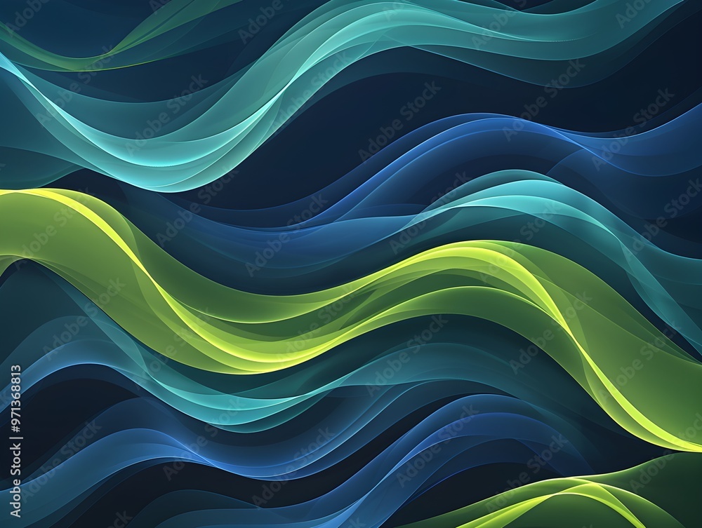 Poster A mesmerizing abstract artwork featuring flowing, iridescent green waves against a dark background. The dynamic composition and intricate details create a captivating and serene visual experience.
