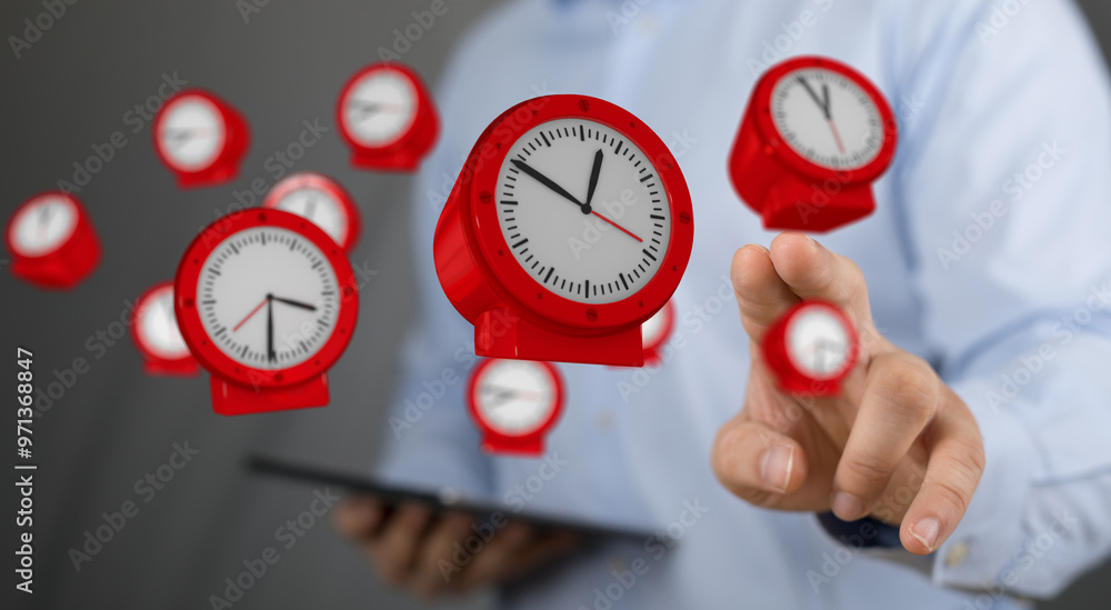 Poster Floating Red Clocks Representing Time Management and Productivity