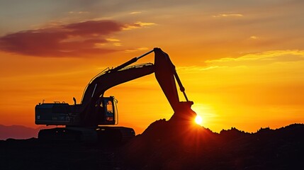 A large construction machine is working in the dirt