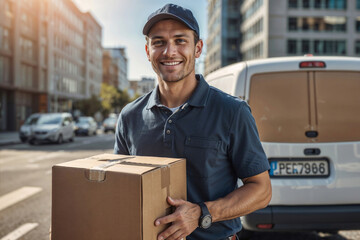 Portrait of happy delivery man in a blue shirt is smiling and holding a box. He is standing next to a delivery truck