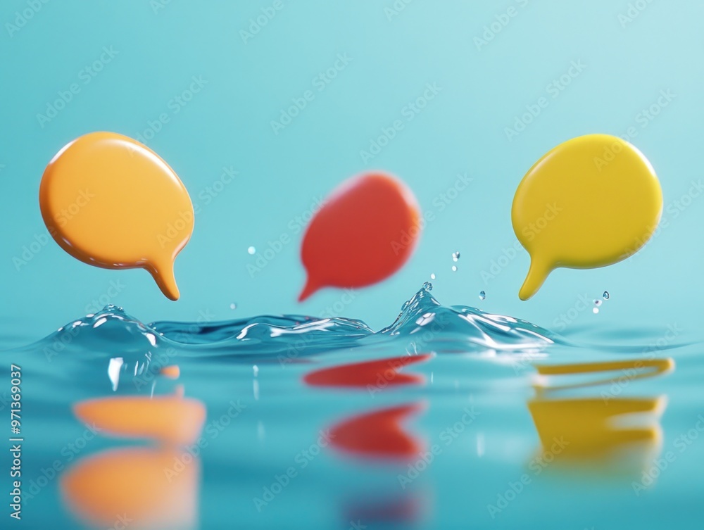 Poster three colorful bubbles floating in the water, each with a different color. the bubbles are floating 