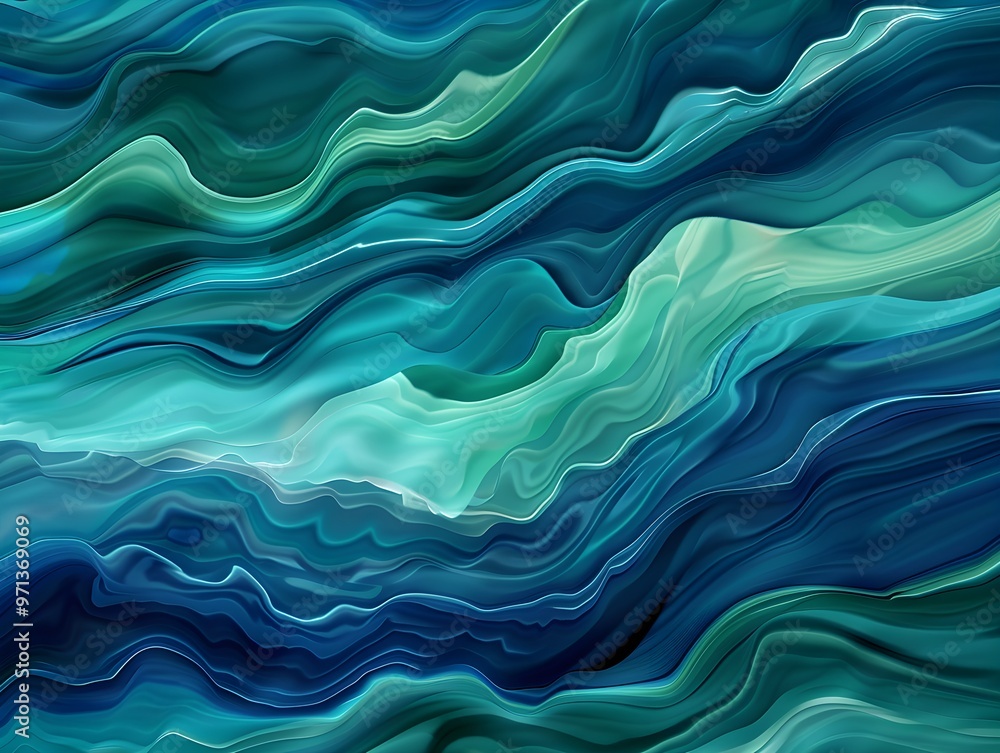 Poster a calming and peaceful abstract artwork featuring swirling, iridescent teal waves. the gentle curves