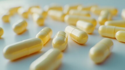 A close up of yellow pills on a white background. The pills are small and round, and they are scattered across the surface. Concept of abundance and variety, as there are many pills of different sizes