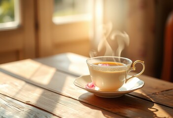 Fototapeta premium Steaming Cup of Tea with a Rose Petal on a Wooden Table