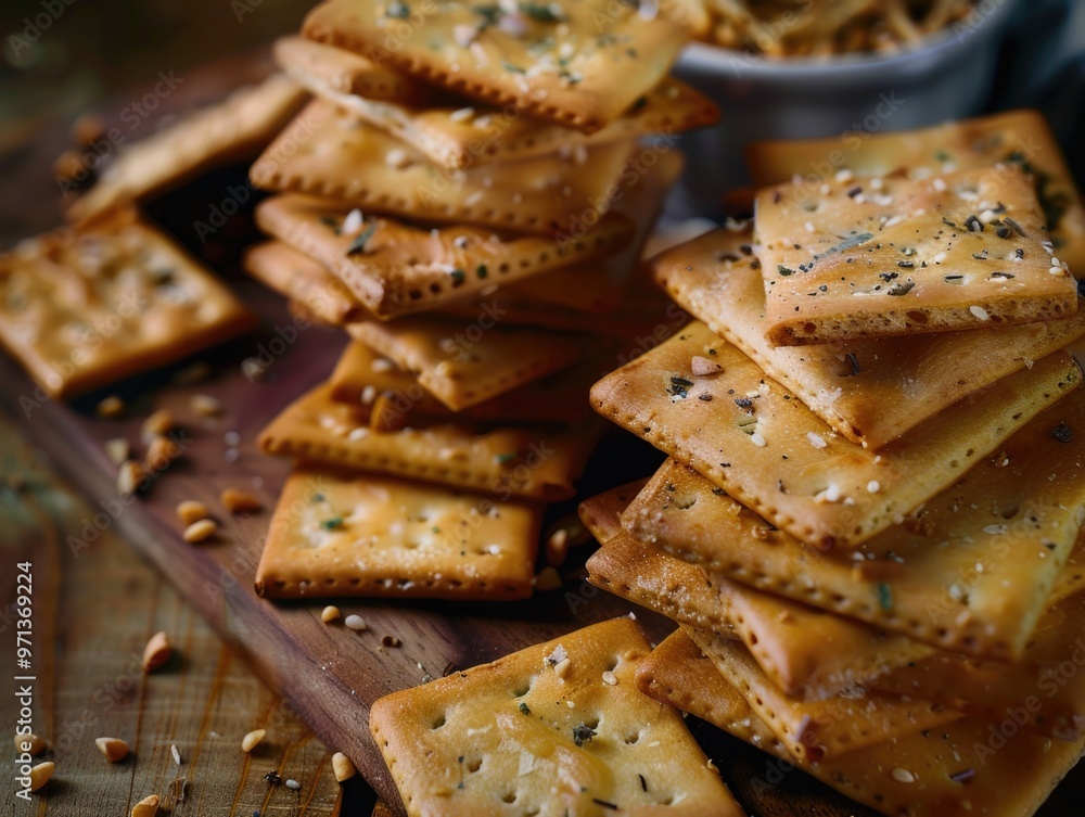 Poster a stack of crackers with a bowl of something in the background. the crackers are piled high and appe