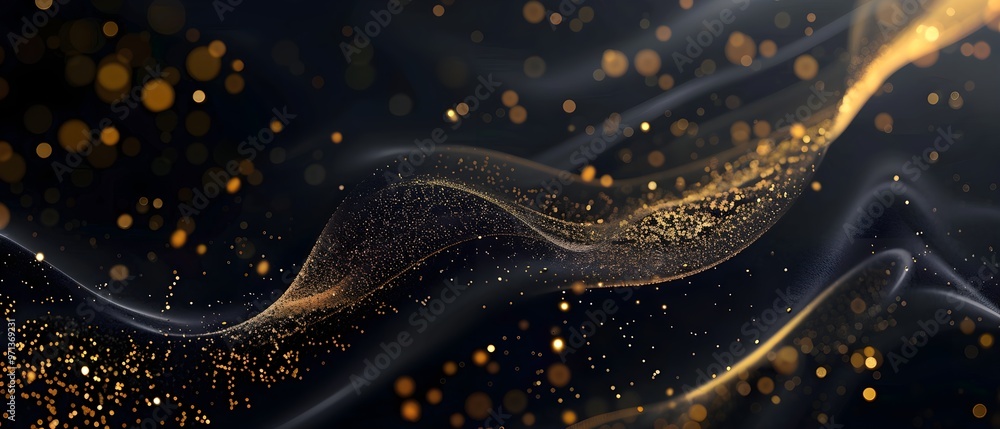 Poster a mesmerizing image of shimmering golden particles swirling against a dark background, resembling st