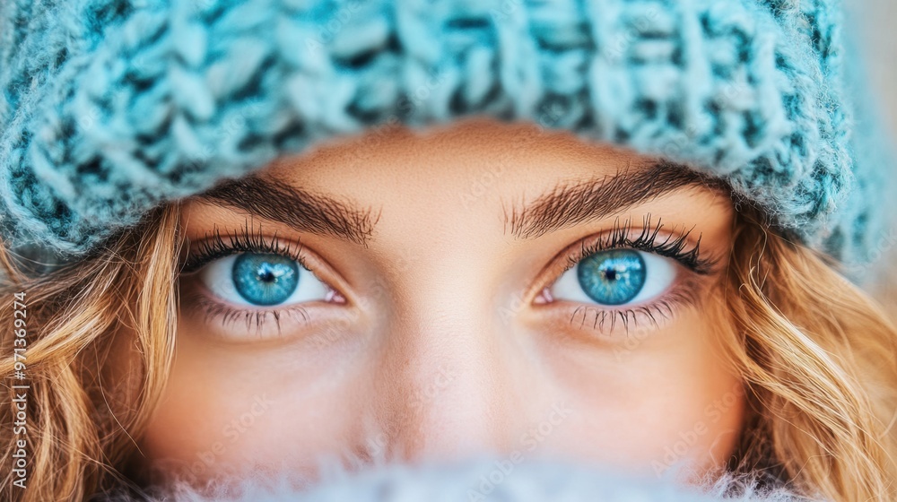 Wall mural A close up of a woman with blue eyes peeking out from behind her hat, AI