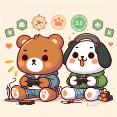 Fototapeta premium Bear and Dog playing Games