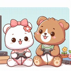Fototapeta premium Bear and Dog playing Games