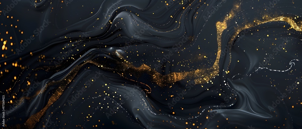 Poster A mesmerizing abstract artwork featuring swirling, inky black marble with shimmering golden accents. The intricate patterns and luxurious colors create a captivating and elegant visual experience.