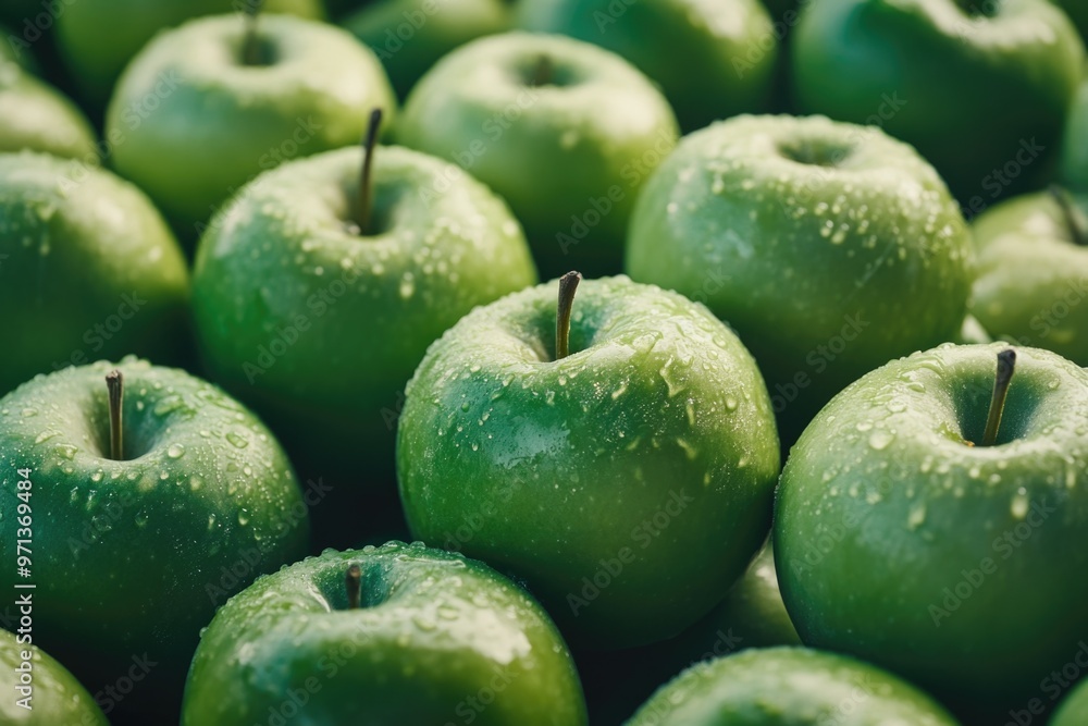 Poster a bunch of green apples with a wet surface. the apples are arranged in a row and are shiny