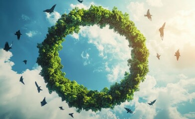Birds Flying Through Green Circle in the Sky
