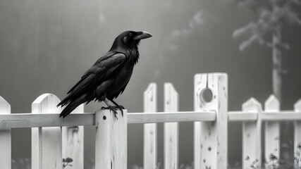 Black and white image of a raven sitting on a white fence post