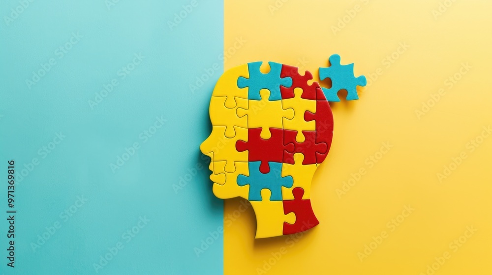 Aufkleber a puzzle of a head with a missing piece. the puzzle is on a yellow background. the puzzle is incompl
