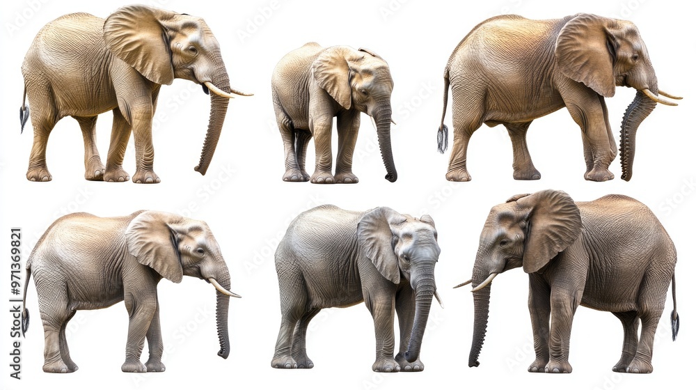 Poster a group of elephants standing in a row, with each elephant having a different size and shape. the el