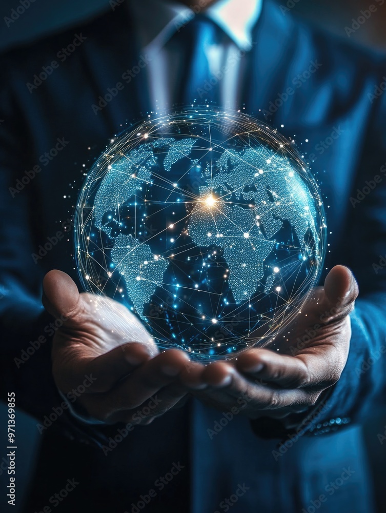 Poster a man is holding a globe in his hand. the globe is surrounded by a network of lines, which represent