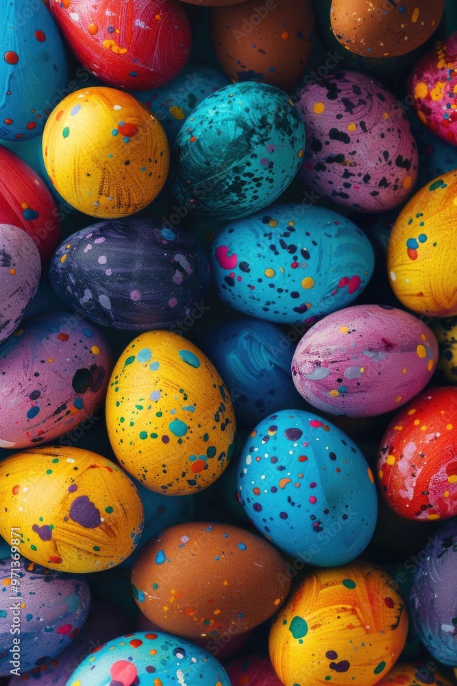 Poster a bunch of colorful eggs with paint splatters on them. the eggs are of different colors and sizes, a