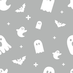 Cute Ghost seamless pattern with ghosts on white background. Repeating print for fabric, wrapping paper, textile. Vector illustration