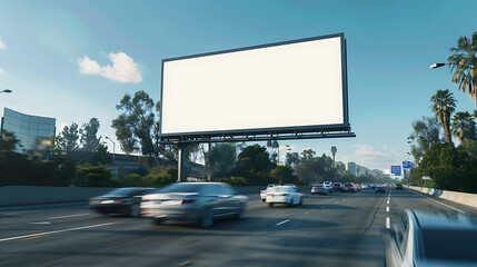 White Blank Billboard on Busy Highway with Speeding Cars and Clear Blue Sky
