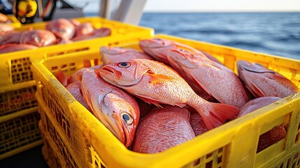 Fresh red fish displayed in yellow crates on a boat at sea