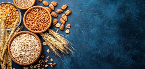 Assortment of whole grains like quinoa, brown rice, and oats, natural, unprocessed food