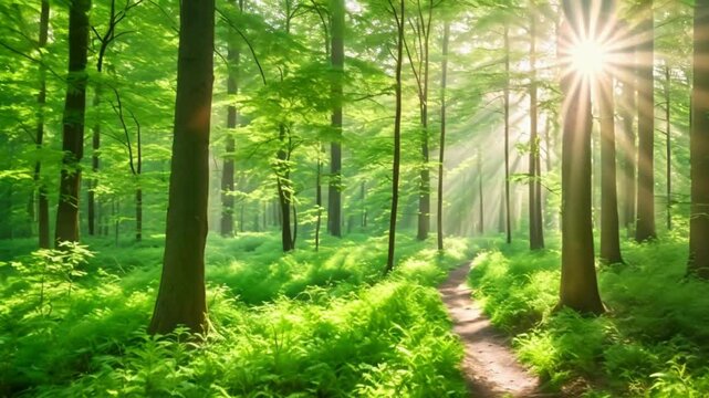 Walk through dense forests as the sun peeks through the trees in summer. The rays illuminate the green forest. Cifor, IPB University Bogor research forest, Indonesia.