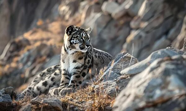 Enigmatic snow leopard camouflaged against the rocky mountainside, hyperrealistic Video