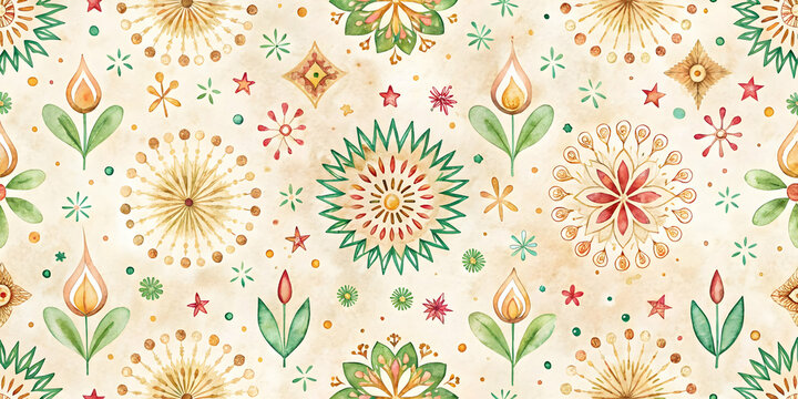 Seamless Eco-Friendly Watercolor Rangoli Celebration Tiles: Vibrant Patterns with Compostable Materials & Recycled Elements for a Sustainable Festive Touch