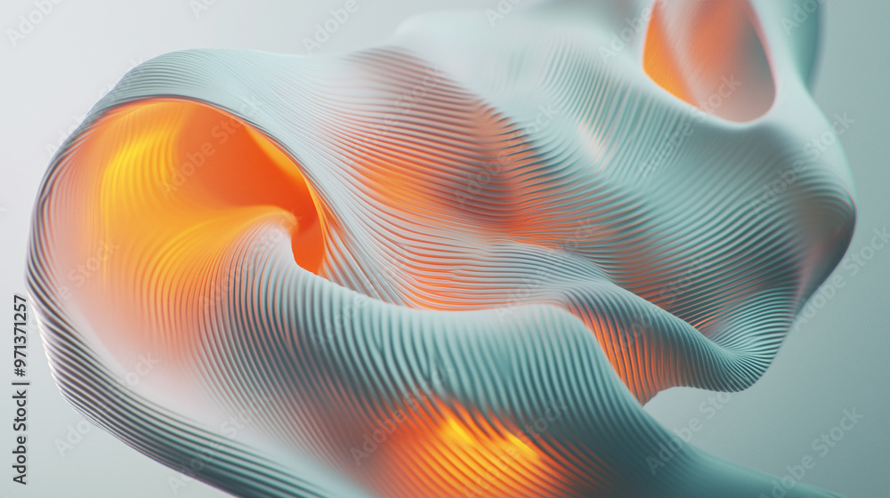 Wall mural abstract white wavy shape with orange glowing light inside