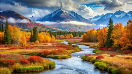 Fototapeta premium A breathtaking landscape with a meandering stream, vibrant autumn colors, and mist-covered mountain range, ideal for nature enthusiasts
