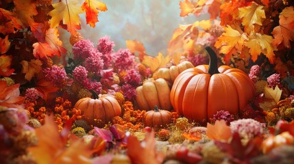 A fall scene with pumpkins and leaves