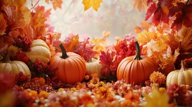 A fall scene with pumpkins and leaves