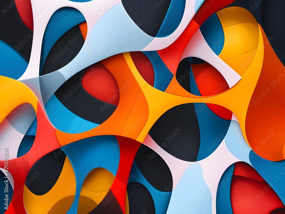 Poster a vibrant abstract design with dynamic overlapping geometric shapes in bold colors like red, blue, o