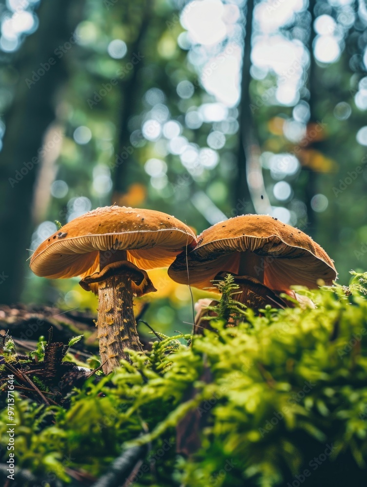 Wall mural two mushrooms are growing on a mossy forest floor. the mushrooms are brown and appear to be in a nat