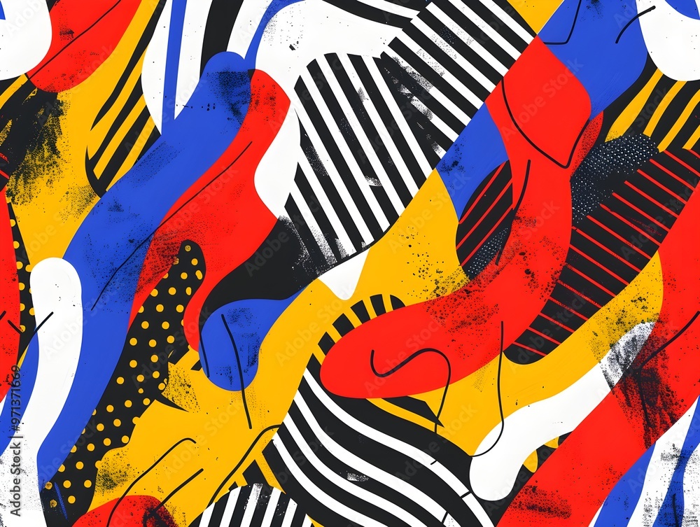 Poster a dynamic abstract design featuring bold colors of red, blue, yellow, and black with geometric shape