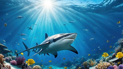 Fototapeta premium A vibrant underwater scene featuring a shark amidst coral and colorful fish.