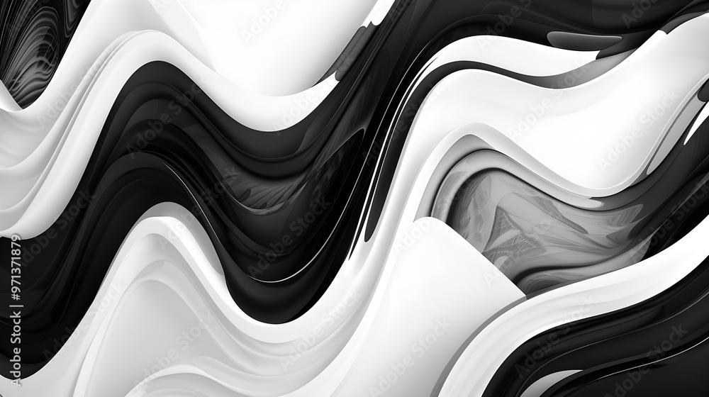 Poster a dynamic abstract design featuring fluid, wavy shapes in black, white, and gray tones, creating a s