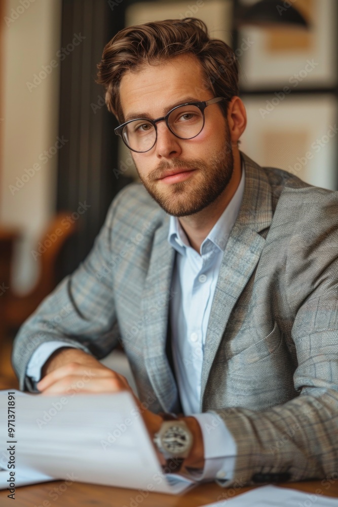 Sticker A man in a suit and glasses is sitting at a table with a piece of paper in front of him. He is writing something, possibly a report or a letter. The scene suggests a professional or business setting