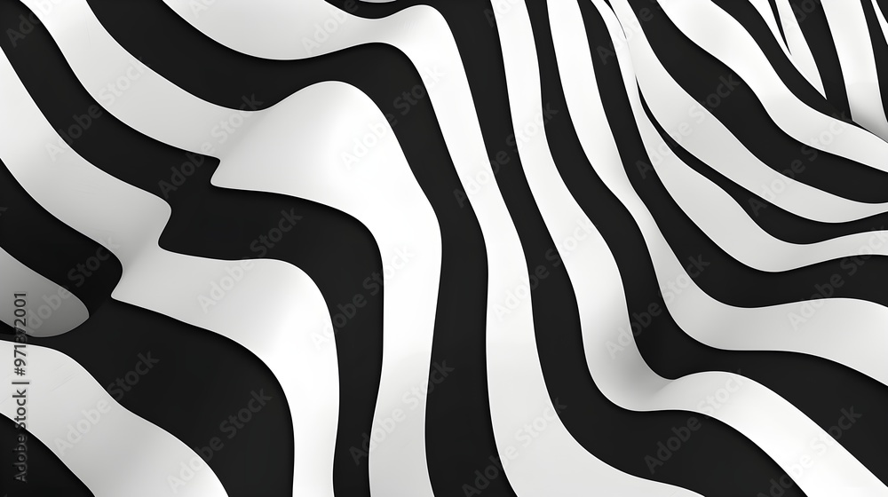 Poster A bold abstract design featuring flowing black and white wavy stripes, creating a dynamic and optical illusion effect with a modern, minimalistic style.