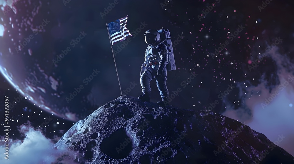 Poster astronaut planting flag on asteroid emphasizing space and resource mining