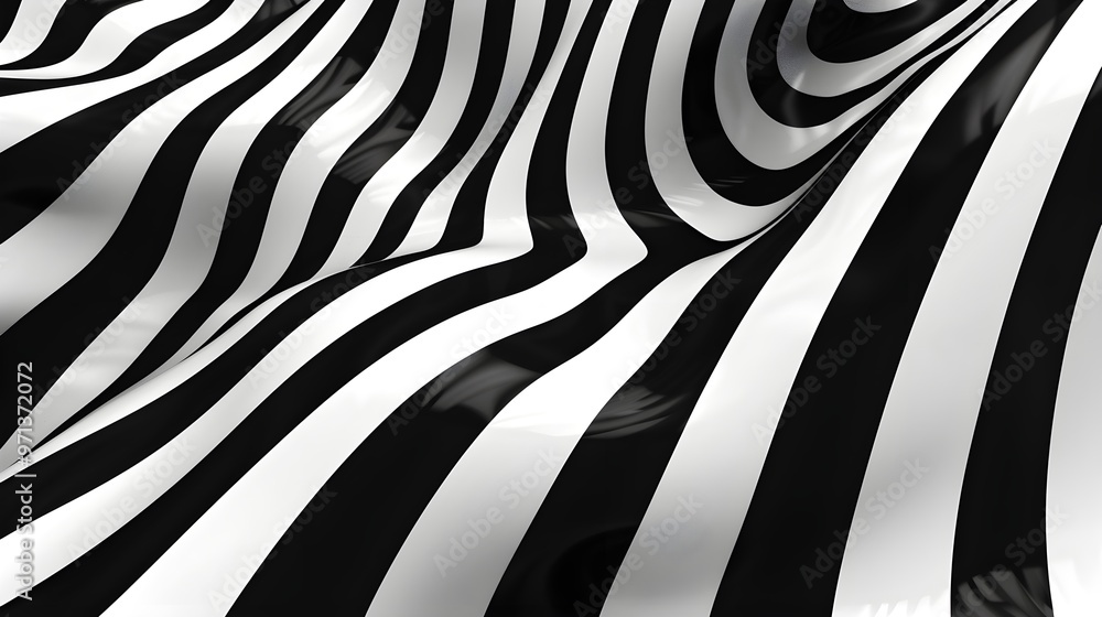 Poster A bold abstract pattern featuring black and white stripes flowing in a wavy, dynamic motion, creating an optical illusion and modern visual effect.