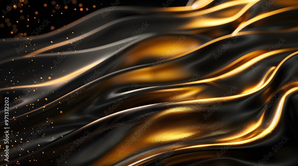 Poster A luxurious abstract design featuring smooth, flowing black and gold waves with sparkling accents, creating a rich and elegant visual effect.