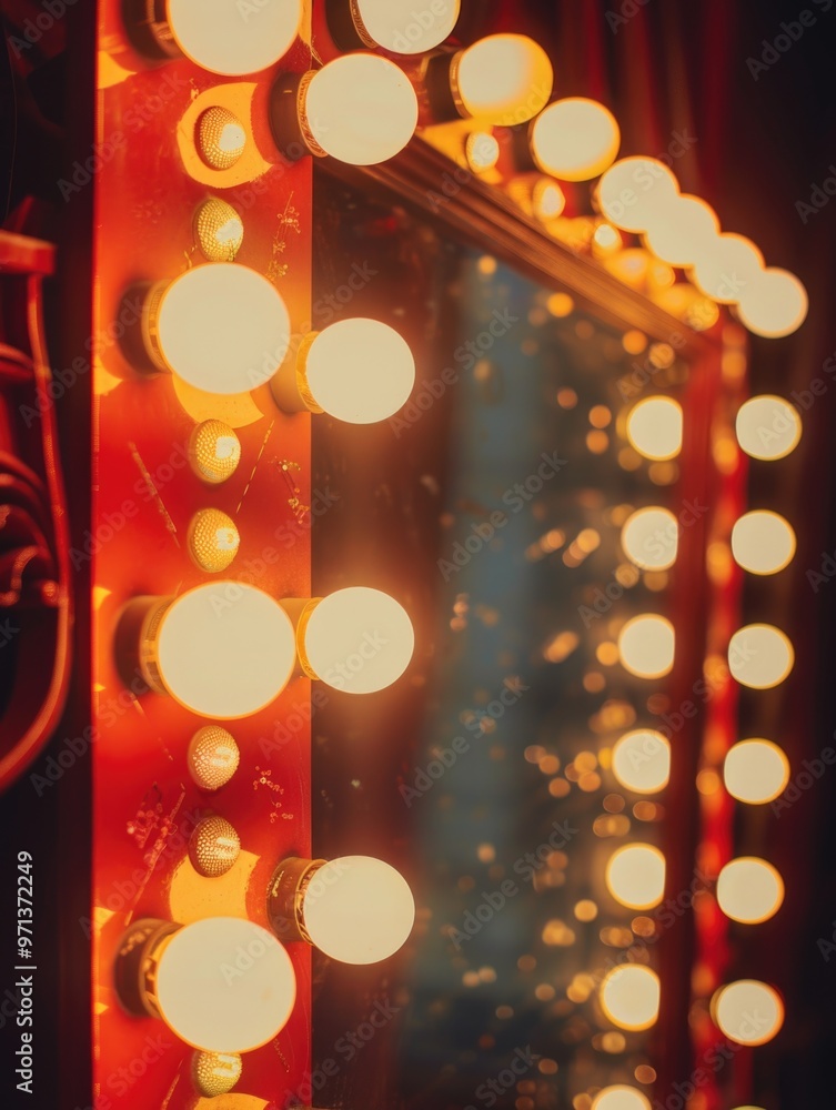 Aufkleber a mirror with a red frame and a row of lights on it. the lights are lit up and the mirror is reflect