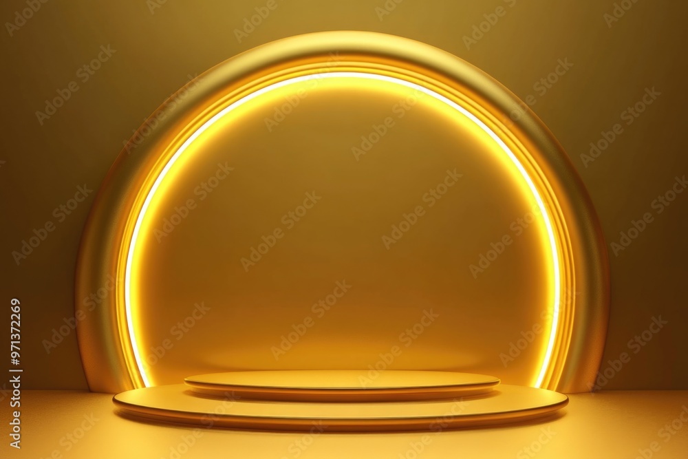 Poster a gold colored stage with a yellow light shining on it. the stage is empty and the light is creating