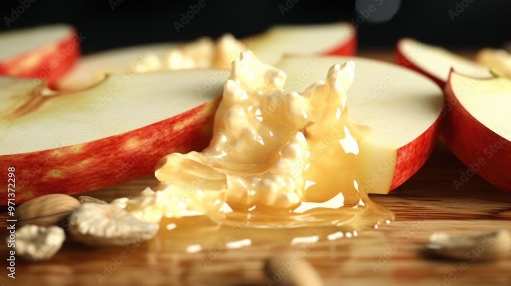 Poster a close up of a sliced apple with a spoonful of honey on top. the honey is dripping down the side of