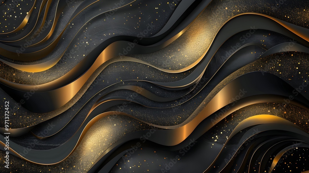 Poster A luxurious abstract design featuring flowing black and gold layered waves with sparkling accents, creating a rich, elegant, and dynamic texture.