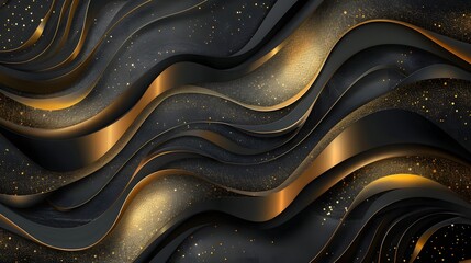 A luxurious abstract design featuring flowing black and gold layered waves with sparkling accents, creating a rich, elegant, and dynamic texture.