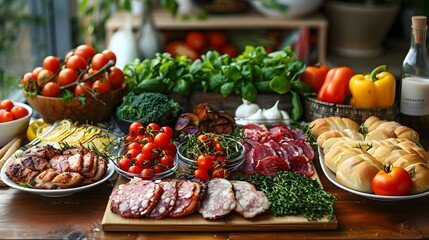 Abundant Gourmet Spread: Fresh Vegetables, Assorted Deli Meats, and Artisan Breads